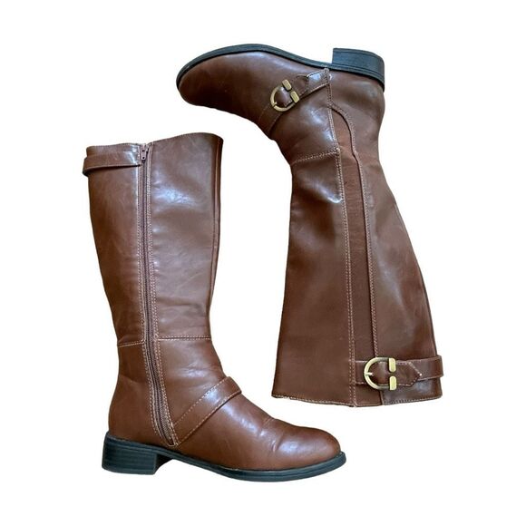 Life Stride Tall Riding Boots Cognac Brown Vegan Leather Buckle Detail Zip 6.5 - Picture 5 of 10